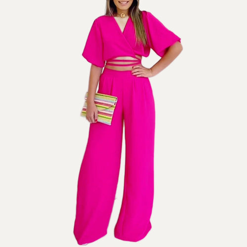Agrume crop & wide-leg set in fuchsia, front